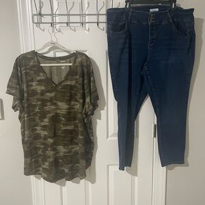Camo V-Neck Top and Blue Jeans Set 3x Bleu jeans